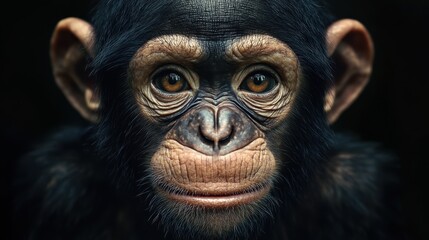 Curious chimpanzee displays emotional expression against a dark backdrop, showcasing detail and realism through sharp textures and dynamic lighting