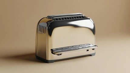 Gleaming chrome toaster with vertical vents on a soft tan background