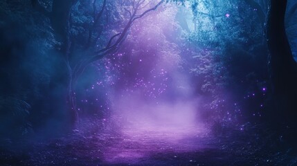 Enchanted forest reveals glowing fog and sparkling runes in mystical hues of purple and blue, conjuring an atmosphere of fantasy and wonder