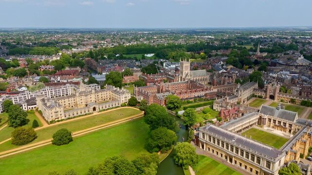 Panoramic view of Cambridge University colleges, river Cam and city skyline, showing the historic architecture and green spaces of this prestigious institution