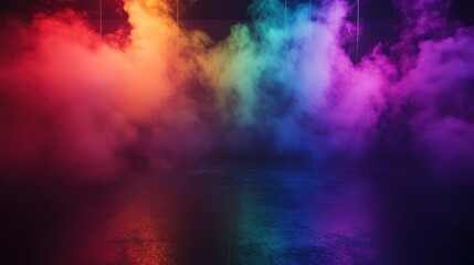 Fototapeta premium Embracing the avant-garde with swirling multicolored fog and radiant neon lights in a dark studio