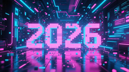 Obraz premium A neon-lit scene featuring the year 2026 in bold, glowing pink and blue hues. Happy New Year, Happy New Year 2026, Merry Christmas And Happy New Year