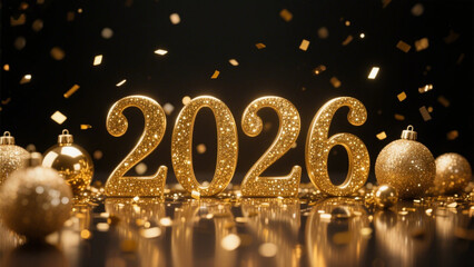 A luxurious, celebratory scene featuring the year 2026 in bold, glittering gold letters that shimmer with a metallic sheen. Happy New Year, Happy New Year 2026, Merry Christmas And Happy New Year