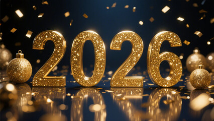 A luxurious, celebratory scene featuring the year 2026 in bold, glittering gold letters that shimmer with a metallic sheen. Happy New Year, Happy New Year 2026, Merry Christmas And Happy New Year