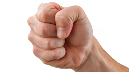 Close up of a male hand making a fist, demonstrating strength, power, or aggression, isolated on a transparent background for easy compositing