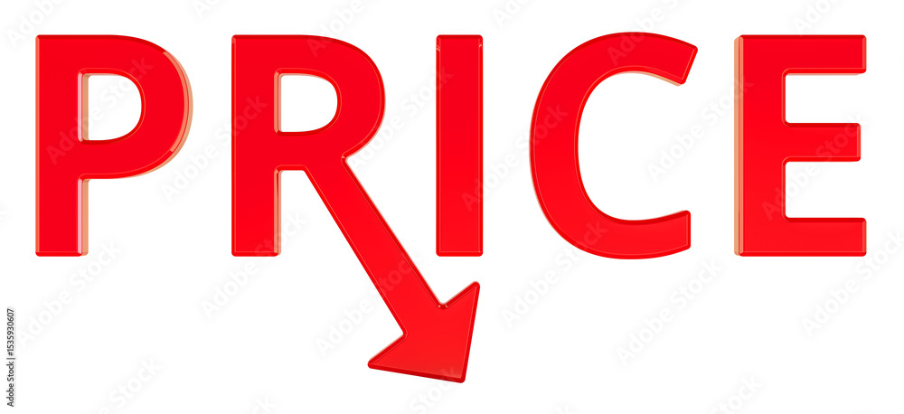 Poster price drop with red arrow. 3d rendering isolated on transparent background