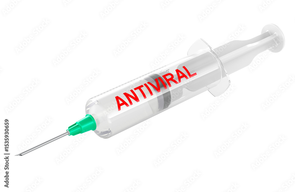 Poster syringe with antiviral. 3d rendering isolated on transparent background