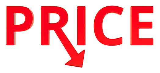 Price drop with red arrow. 3D rendering isolated on transparent background