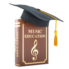 Music education concept. Book with treble clef and graduation cap. 3D rendering isolated on transparent background