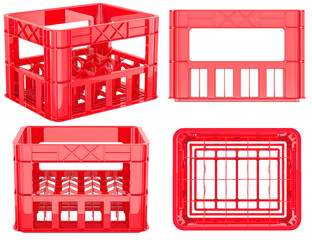 Plastic crate for bottles, red 3d model, four angles. 3D rendering isolated on transparent background