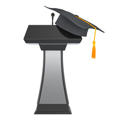 Graduation cap on podium with microphone. Academic achievement, speech or ceremony, concept. 3D rendering isolated on transparent background
