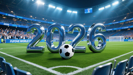 A vibrant and dynamic soccer stadium bathed in bright stadium lights, capturing the excitement of a major sporting event, with the number 2026. Happy New Year, Happy New Year 2026