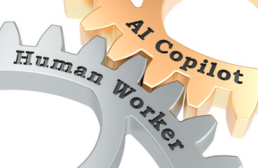 AI copilot and human worker gears. Symbolizing collaboration between artificial intelligence and humans. 3D rendering isolated on transparent background