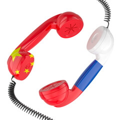 China and Russia phone call communication, international conversation, political dialogue concept. 3D rendering isolated on transparent background