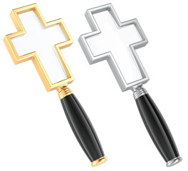 Religious search, faith exploration and study concept. Magnifying glasses in shape of Christian crosses, gold and silver. 3D rendering isolated on transparent background