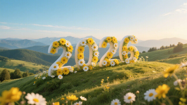 A serene, picturesque landscape featuring the year 2026 in large, three-dimensional letters adorned with vibrant yellow and white daisies. Happy New Year, Happy New Year 2026