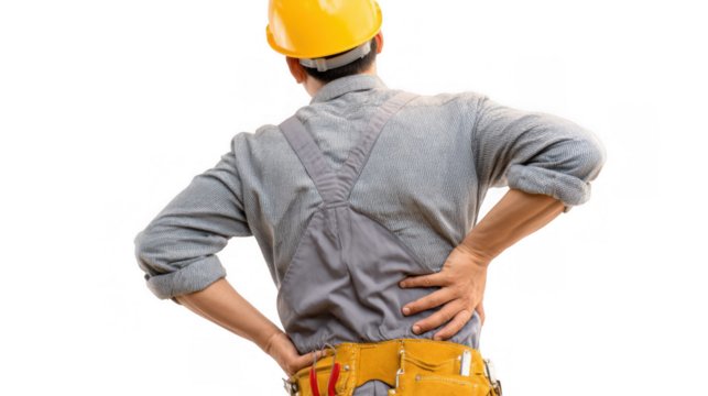 Construction worker wearing gray overall and yellow hardhat holding his aching back with both hands, suffering back pain on transparent background