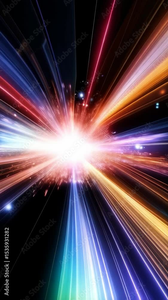 Poster dynamic rainbow light streaks shooting toward viewer with bright light source on a dark background f