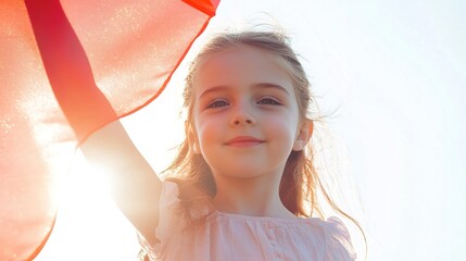 Smiling child with red fabric, sunlit