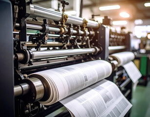 High fidelity printing press machine producing newspapers in factory setting, showcasing intricate machinery and printing process. atmosphere is dynamic and industrious