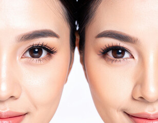 Closeup shot of beautiful Asian woman eyes on white background, showcasing high fidelity and detail, highlighting natural beauty and expressiveness of eyes