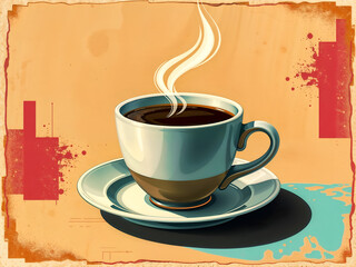 Retro style coffee cup with steam on warm vintage background, ideal for cafe or coffee themes. Generative AI