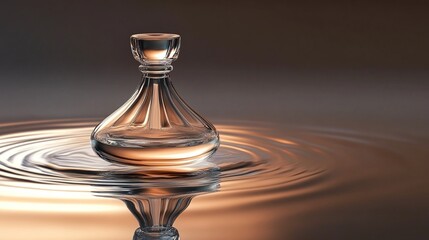 Pear-shaped bottle resting on water surface creating circular ripples