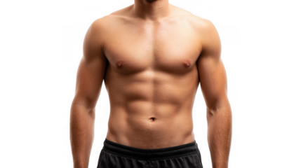 Strong sportsman displaying impressive abs and defined pecs against a transparent background, ideal for enhancing fitness and health related projects. Perfect for showcasing athleticism