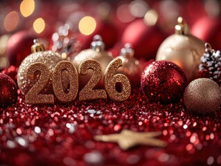 Gold "2026" numerals on red glitter, festive ornaments