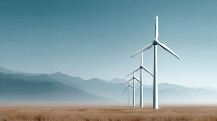 Wind turbines in motion against mountain landscape with copy space for renewable energy concept
