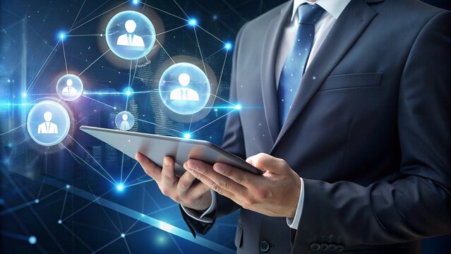 Businessman in dark suit using tablet digital network glowing icons