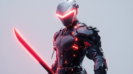 Armored figure holds glowing red katana, futuristic aesthetic against clean background