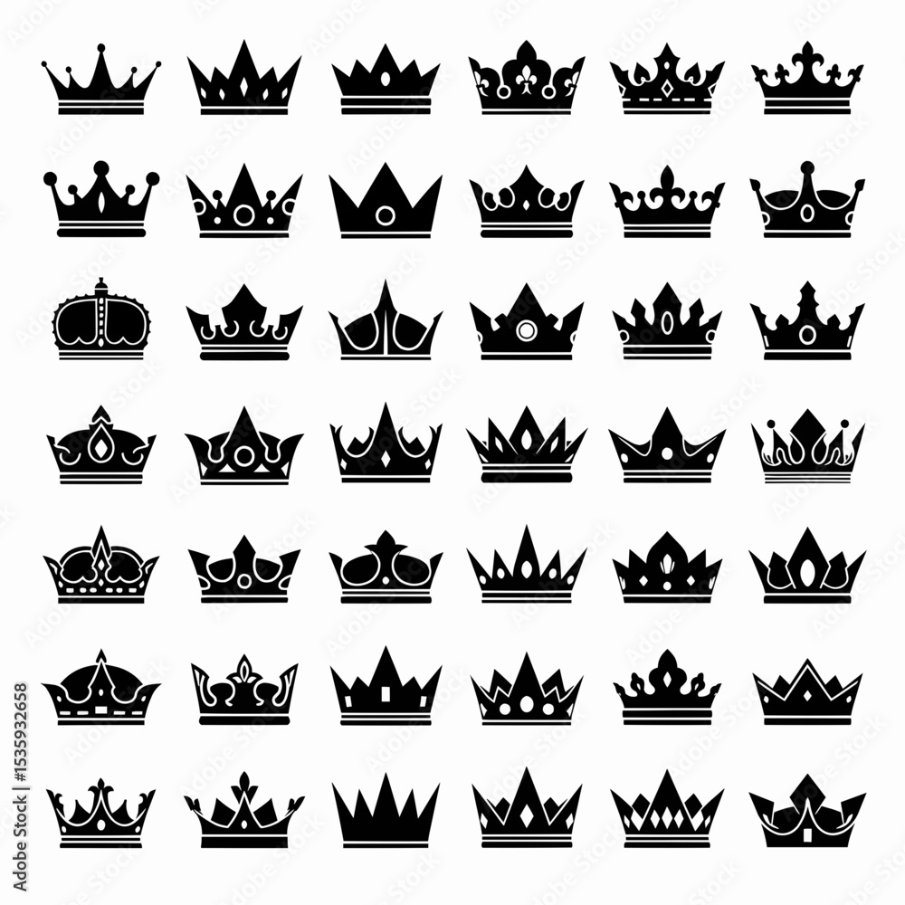 Poster this high-quality vector image features a grid of 45 solid black crown silhouettes, showcasing uniqu