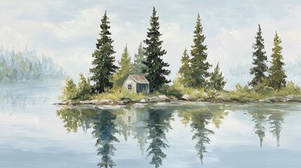 Peaceful lakeside cabin surrounded by tall pine trees in tranquil nature setting, oil painting style with soft brushstrokes evoking solitude, calm, and serenity in forest landscape scene

