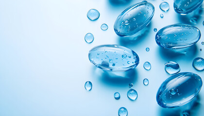 Close up of pretty blue gel capsules on a blue background with space for text