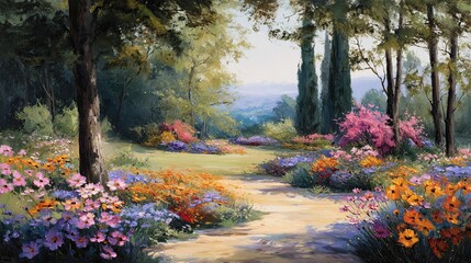 Peaceful sunlit garden filled with vibrant colorful flowers captured in delicate oil painting style with soft brushstrokes conveying calmness, harmony, and natural beauty

