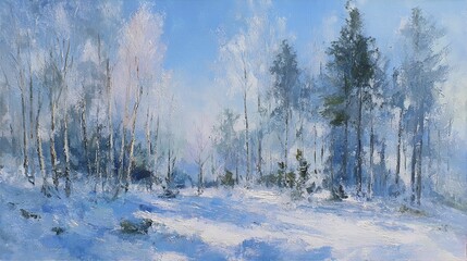 Peaceful winter forest oil painting with snow-covered trees and soft blue sky, rendered in delicate brushstrokes capturing serene natural landscape and seasonal calmness in expressive style.

