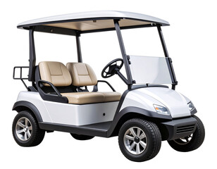 Modern electric golf cart with tinted windshield and chrome rims, side view, isolated PNG
