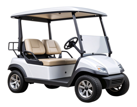 Modern electric golf cart with tinted windshield and chrome rims, side view, isolated PNG