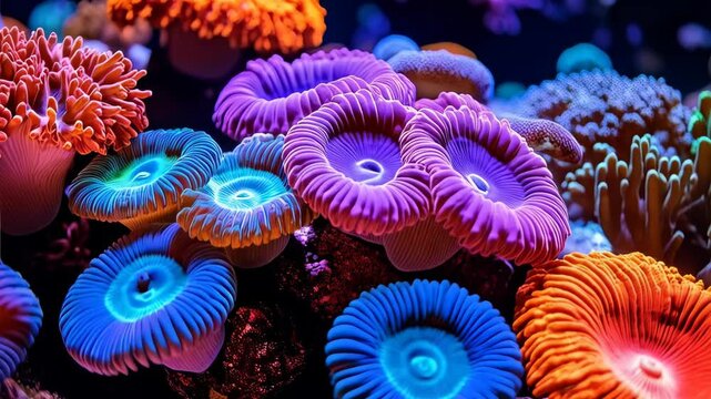 Vibrant group of button coral polyps in a saltwater aquarium with vivid coloration and varied textures