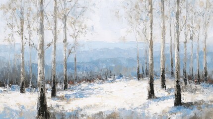 Peaceful winter forest oil painting with snow-covered trees and soft blue sky, rendered in delicate brushstrokes capturing serene natural landscape and seasonal calmness in expressive style.


