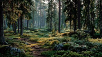 Fototapeta premium Serene Forest Pathway Surrounded by Lush Greenery and Sunlight