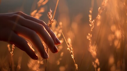 Fingertips touching golden grass in warm sunset light. Touch grass concept