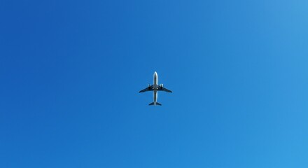 Airplane flying high in a bright blue sky, emphasizing clean lines and a sense of freedom, captured in a minimalistic style.
