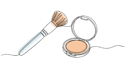 Makeup brush and powder one line doodle drawing with watercolor fill, minimalistic vector illustration on white background

