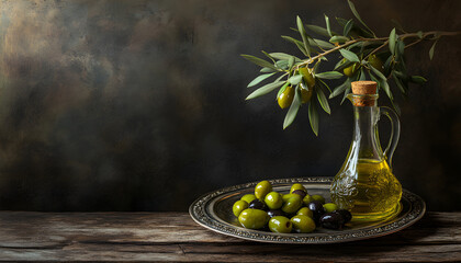 Still life illustration artisanal Mediterranean olives olive oil on rustic wooden table. Fresh green olive branch, olive oil bottle on wooden table. Vegetarian eco food concept