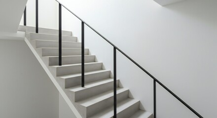 Minimalist staircase with pale concrete steps and a black railing, bright white walls, soft natural lighting.