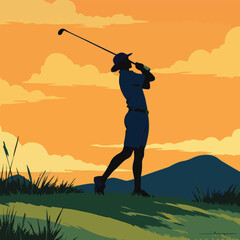 Fun Cartoon Vector Illustration of Women, Children, and Boys Playing Golf Outdoors – Leisure Sport Scene Featuring Green Grass, Sky, Dogs, Kites, and Family Enjoying Summer Activities

