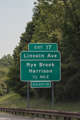 exit 17 sign on Hutchinson River Parkway for Lincoln Ave to Rye Brook and Harrison, New York, Old Exit 28