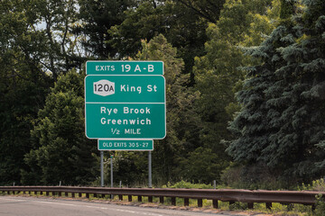 exit 19 A-B sign on Hutchinson River Parkway for LNY-120A King Street and Rye Brook , New York, Greenwich, Connecticut. Old Exits 30S - 27